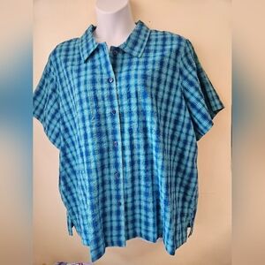 Blair -Blue Plaid Women's Shirt Buttons-Up Plus Size 3XL 100%